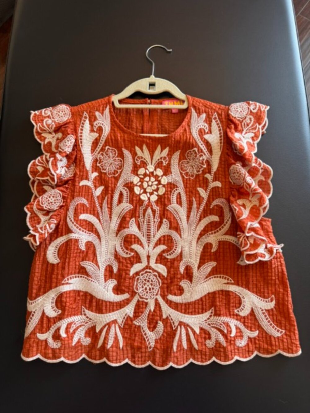 THML Burnt Orange Embroidered Ruffle Sleeve Top Texas Game Day